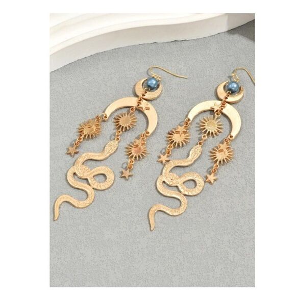 Mystical Serpent & Cosmic Gold Charm Earrings Witchy Bohemian Goddess Jewelry - Picture 3 of 8